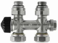 Heimeier H-onderblok, recht, brons, vernikkeld, 1/2" binnendraad, 3/4" Euroconus, tweepijp, hartafstand 50mm, lengte 107mm