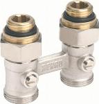 Rehau H-onderblok, recht, haaks, messing, vernikkeld, 1/2" buitendraad, 3/4" Euroconus, éénpijp, tweepijp, hartafstand 50mm