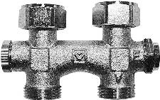 Herz H-onderblok, recht, messing, vernikkeld, 3/4" buitendraad, 3/4" Euroconus, ��npijp, hartafstand 50mm, lengte 62.5mm