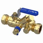 Raminex RAM terugstroombeveiligingseenheid ES m. keerklep afsluiter en aftapper 22x22mm knel 113mm messing kiwa hendel blauw 280327