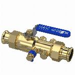 Raminex RAM terugstroombeveiliging m. kogelafsluiter 28x28mm 203mm messing kiwa voor Mapress hendel blauw 281307