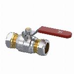 Raminex kogelkraan s.28, 22 x 22 mm, knel, DN20, PN10, messing vernikkeld, hendel met rode hoes en wit opschrift 282619